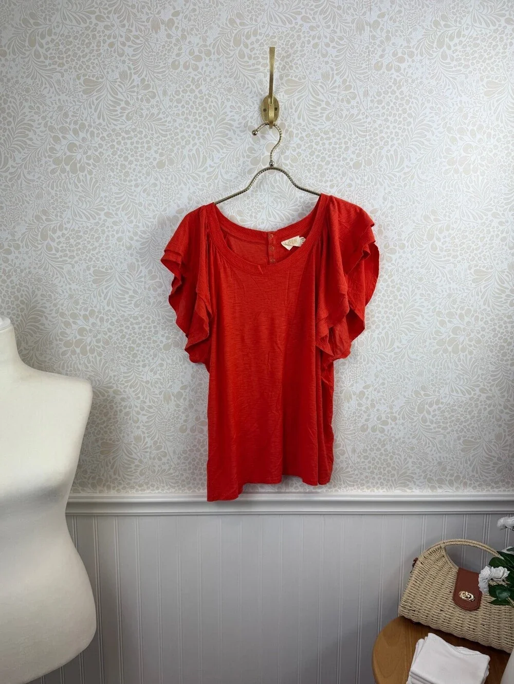 Nation LTD Orange Red 100% Pima Cotton Ruffle Sleeve Top - Size - X-Large